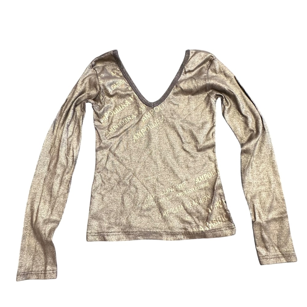 Ampollina Jeans Womens Gold Metallic Long Sleeve Deep V-Neck Grommet Logo Top